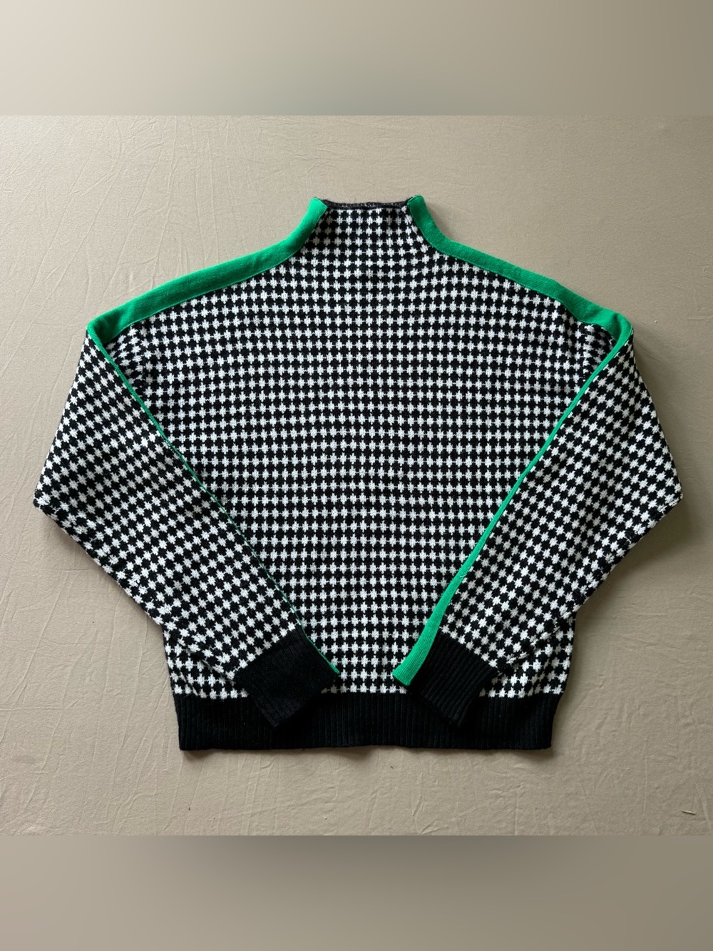 Sage Retro Houndstooth Mock neck Knit Sweater